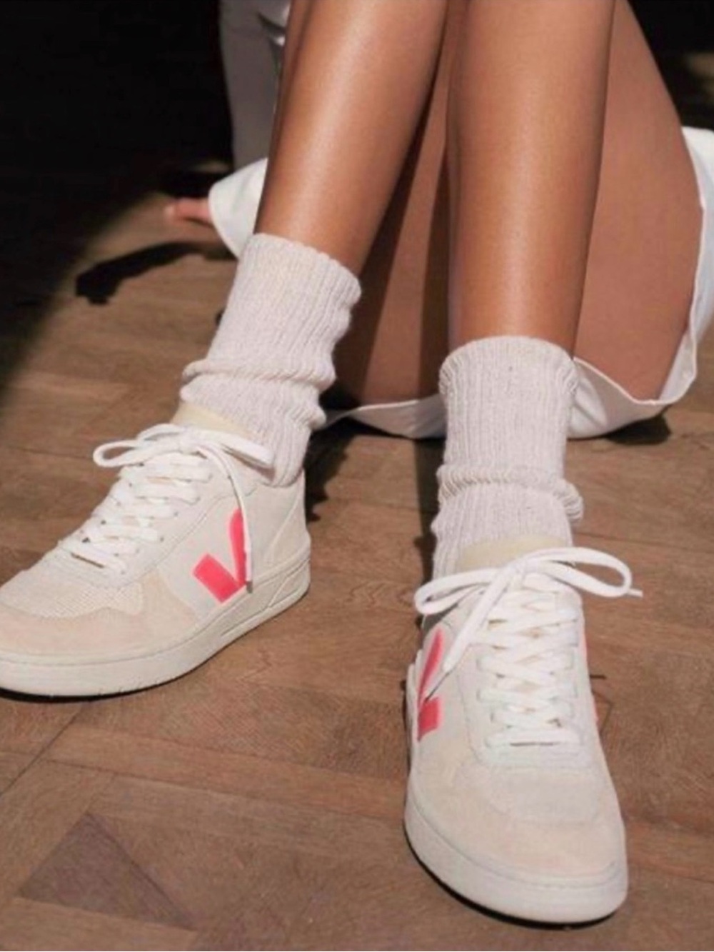 Veja V-10 Suede Sneakers in Natural/Rose-Fluo Color Size 6